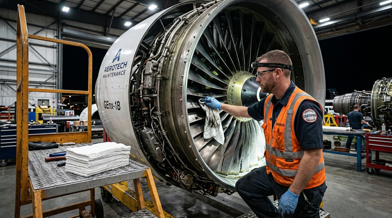 Aerospace engineer cleaning aircraft components with lint-free cloth