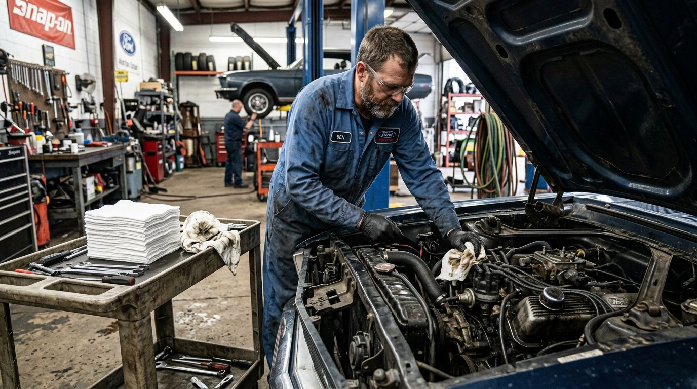 Mechanic wiping car engine with white cotton rag