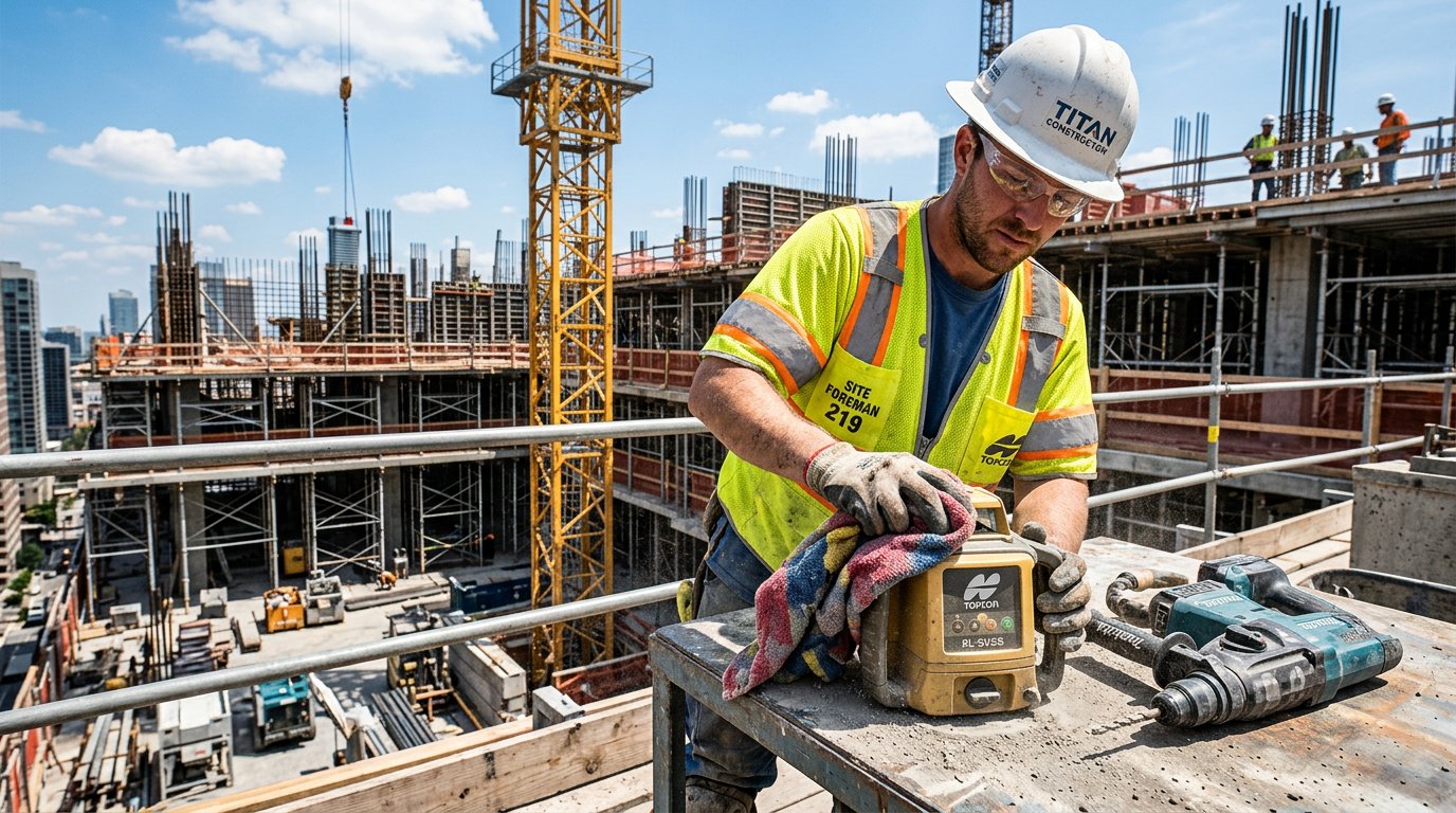 Construction worker wiping heavy machinery in field