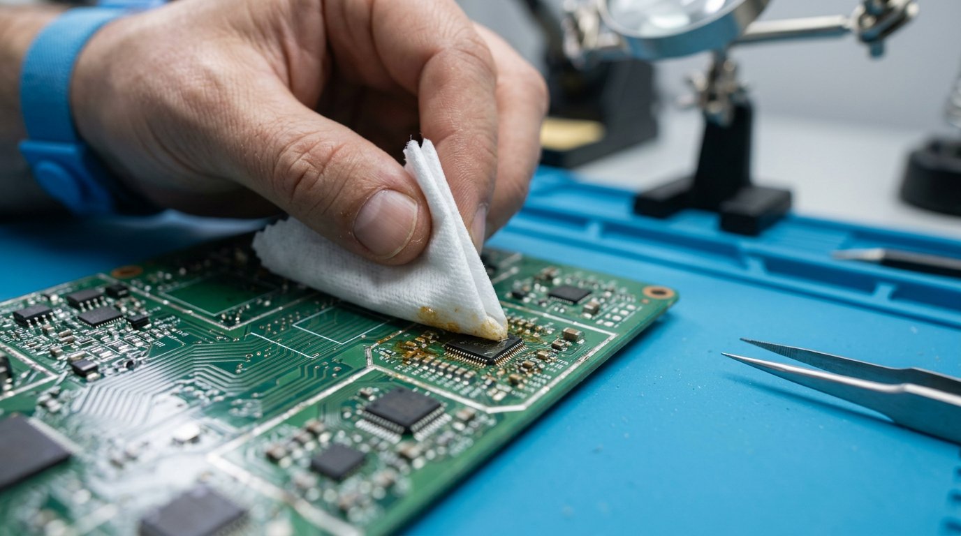 Electronics assembly line worker using lint-free wipes