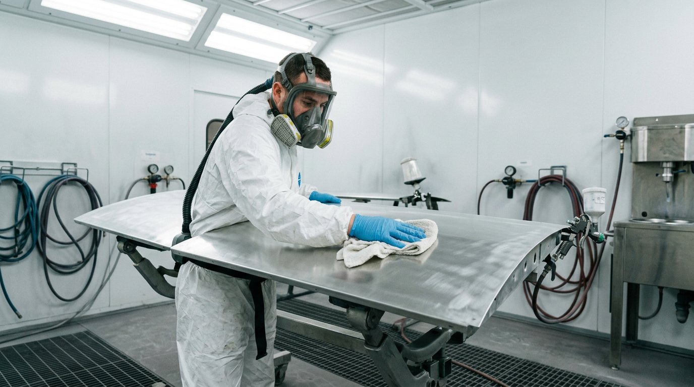 Painter wiping car body before paint application