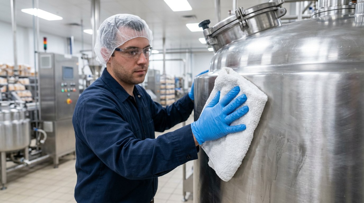 Food processing worker wiping stainless steel surface