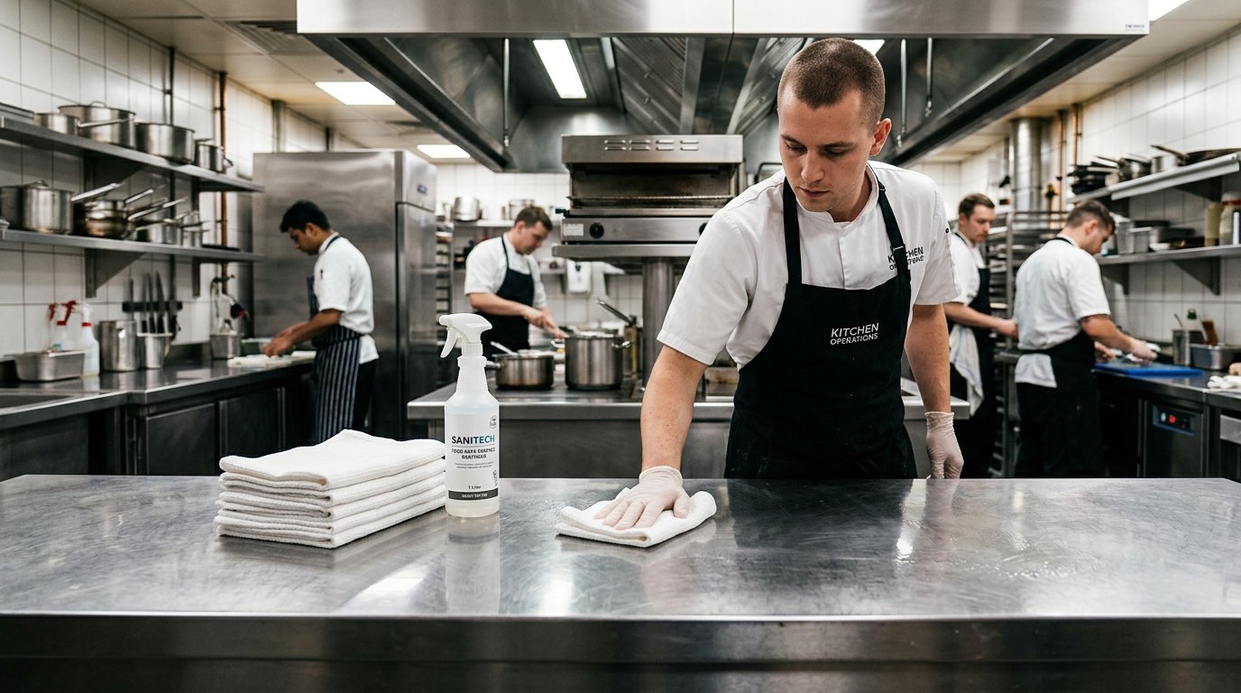 Sanitary cleaning in food processing plant with lint-free cloth
