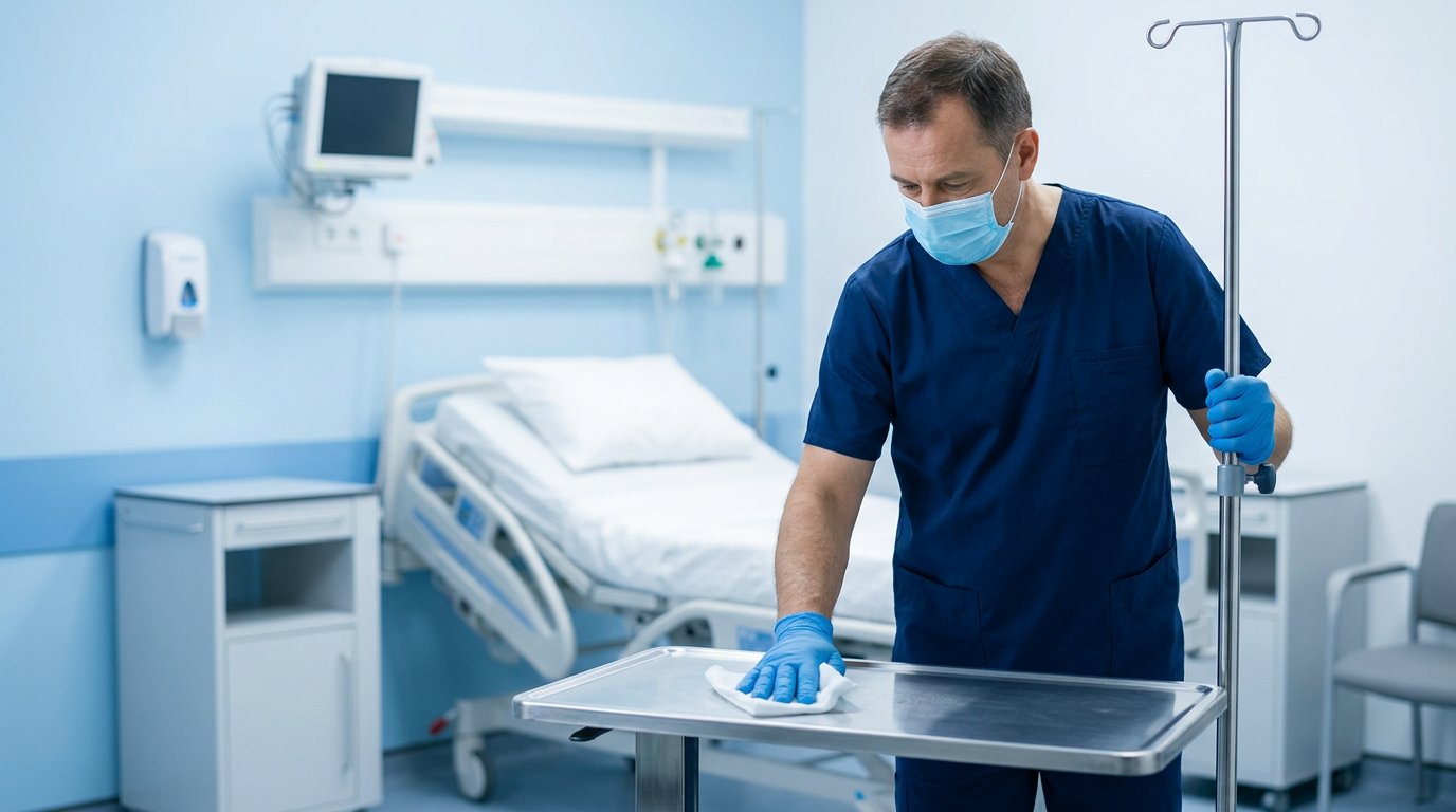 Healthcare professional wiping medical equipment with sterilized cloth