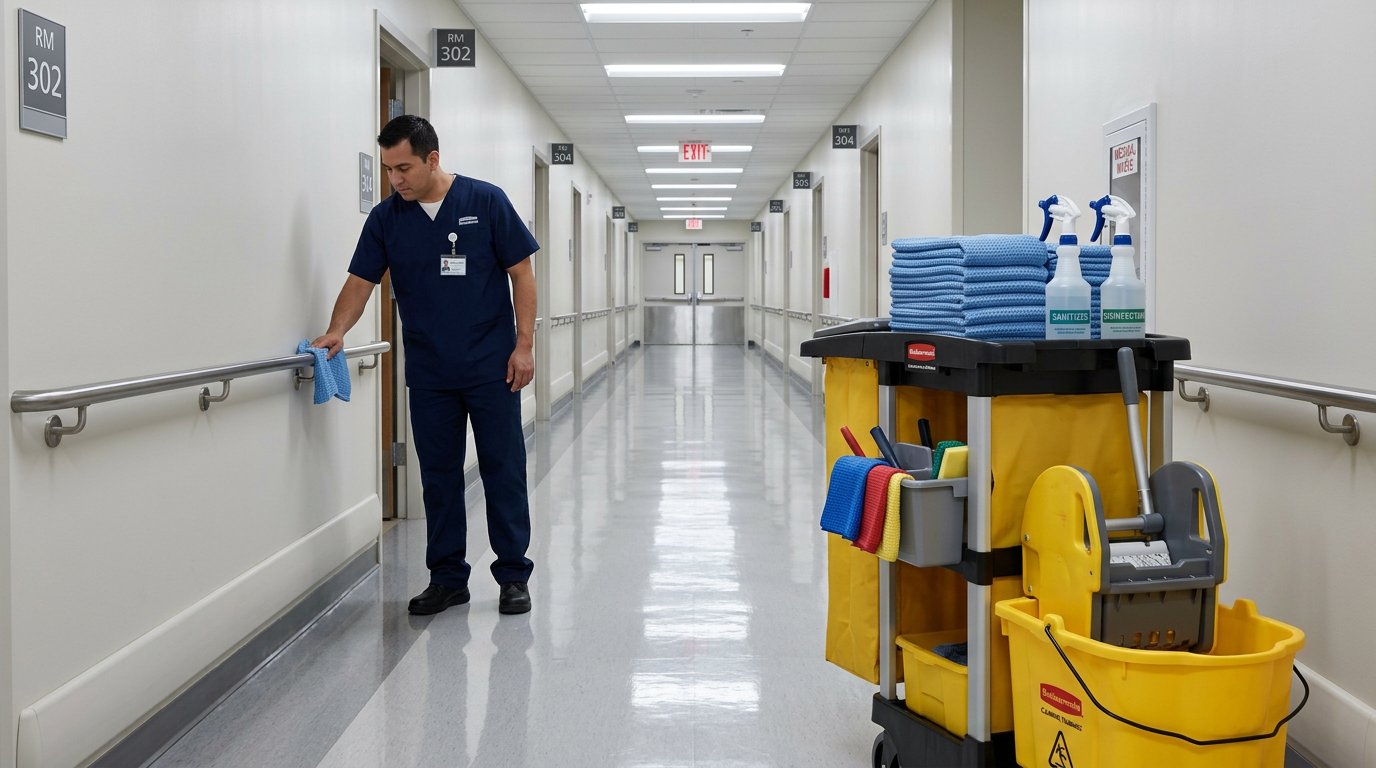 Hospital staff maintaining hygiene in patient care area