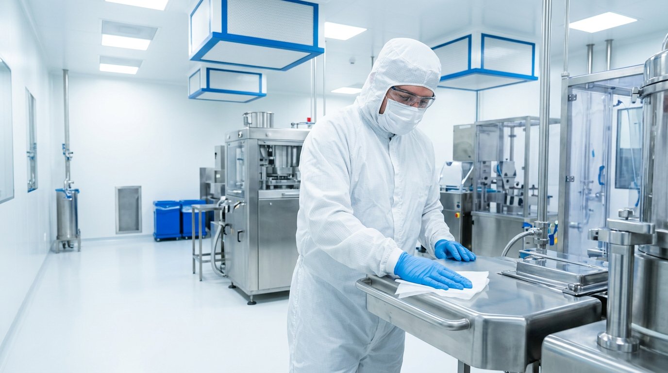 Factory worker wiping machinery with high-absorbency cloth