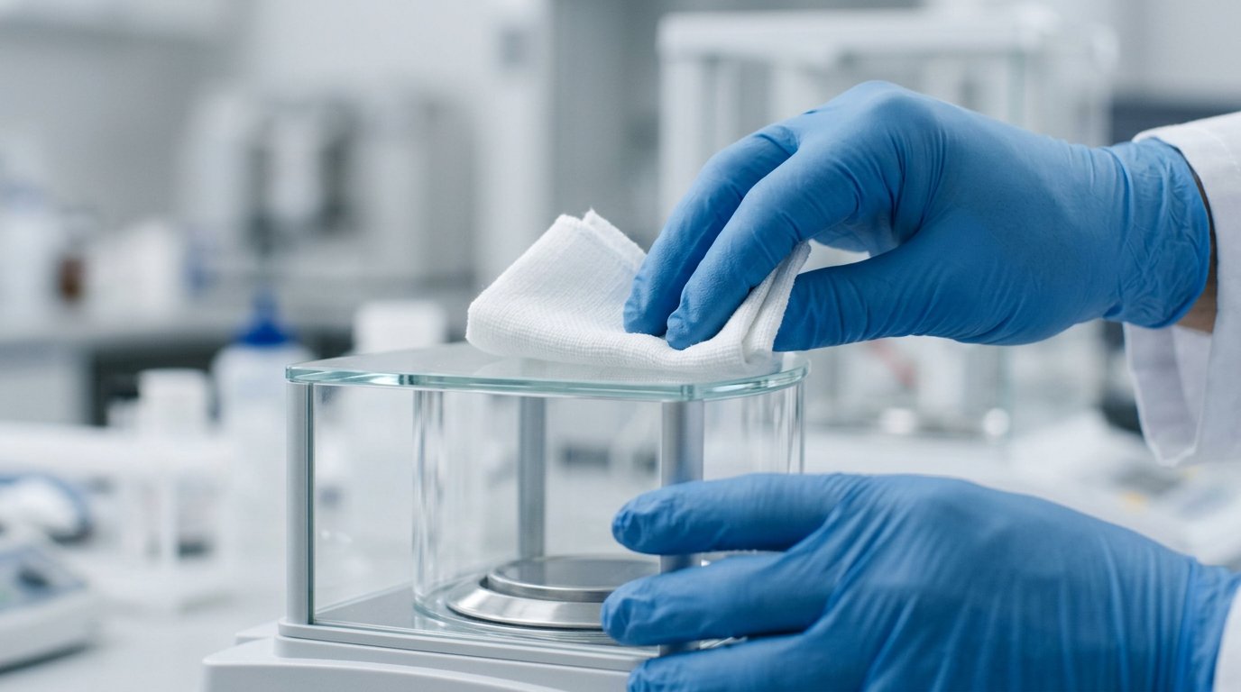 Pharmaceutical technician wiping equipment with cleanroom wipes