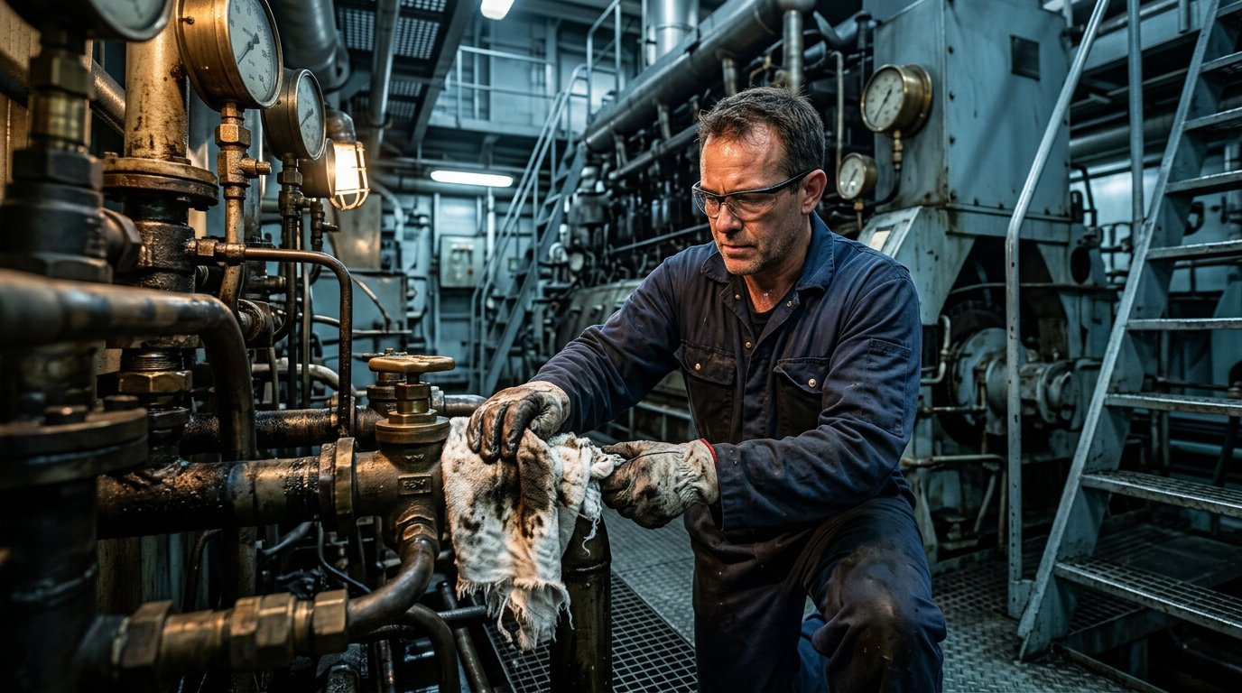 Marine engineer wiping ship engine in engine room