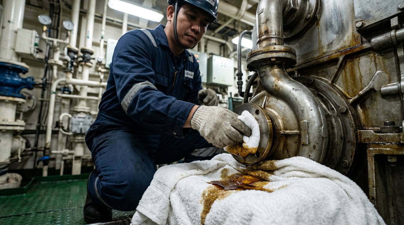 Shipyard worker cleaning deck machinery with heavy-duty cloth