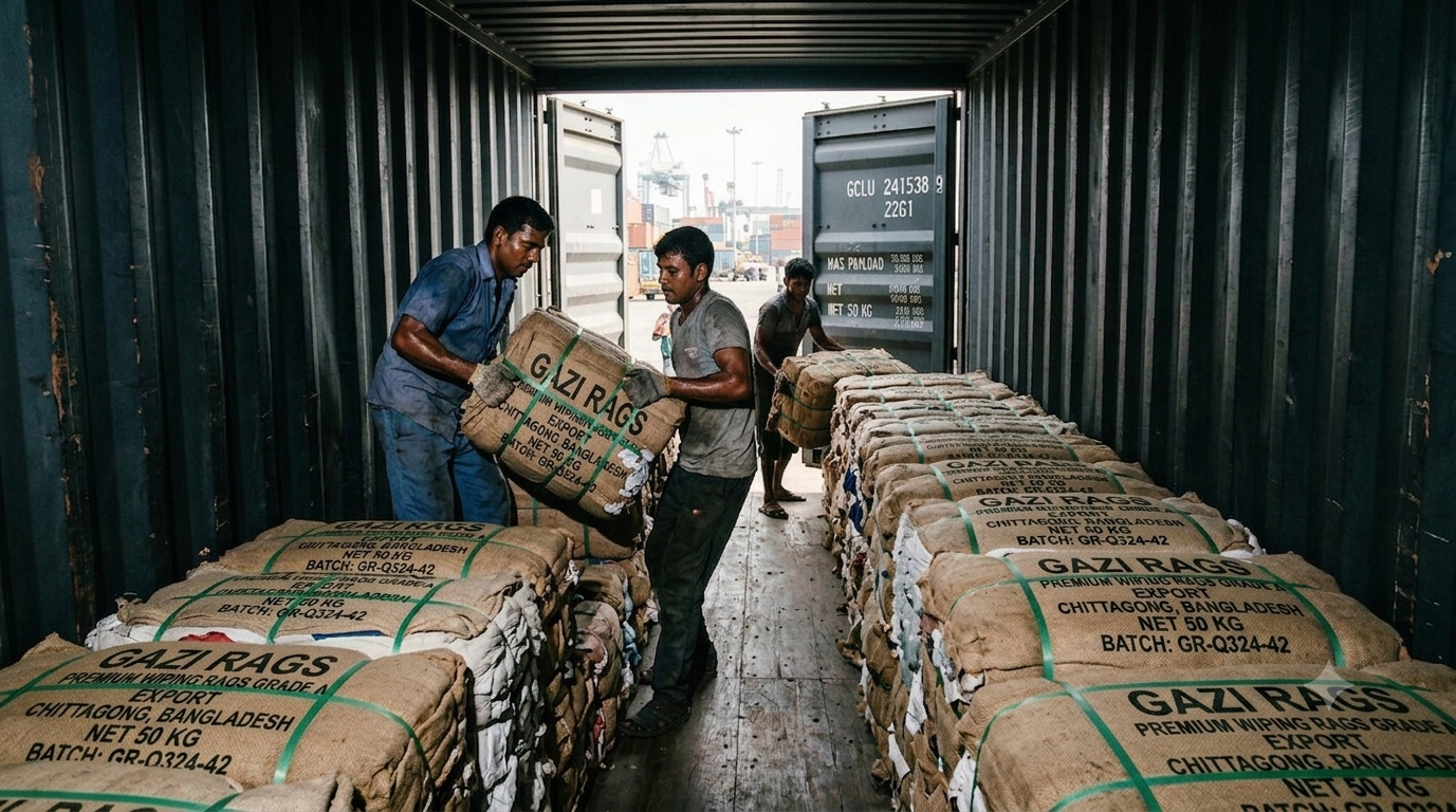 Inside container wiping rags Chittagong port – Gazi Rags Bangladesh