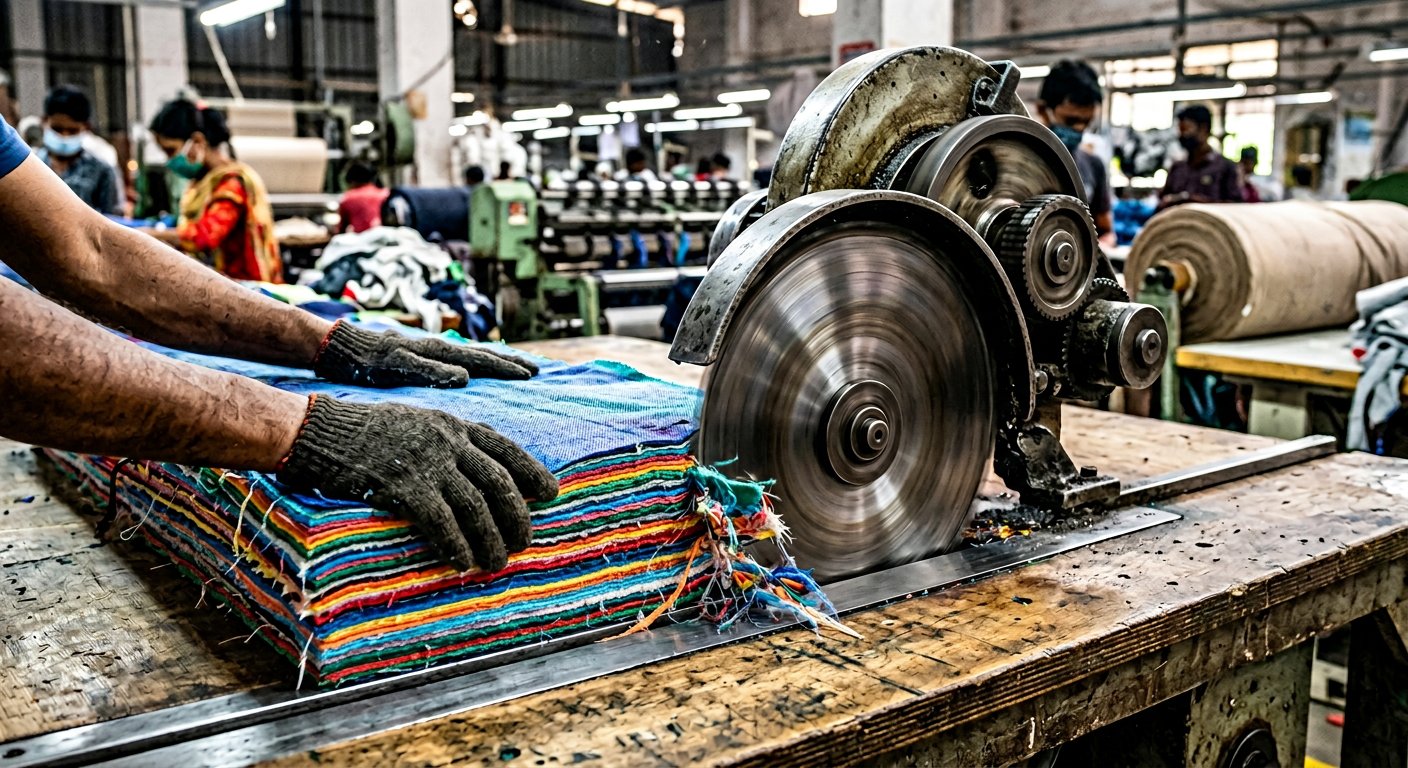 Circular blade cutting colorful fabric – Gazi Rags Bangladesh