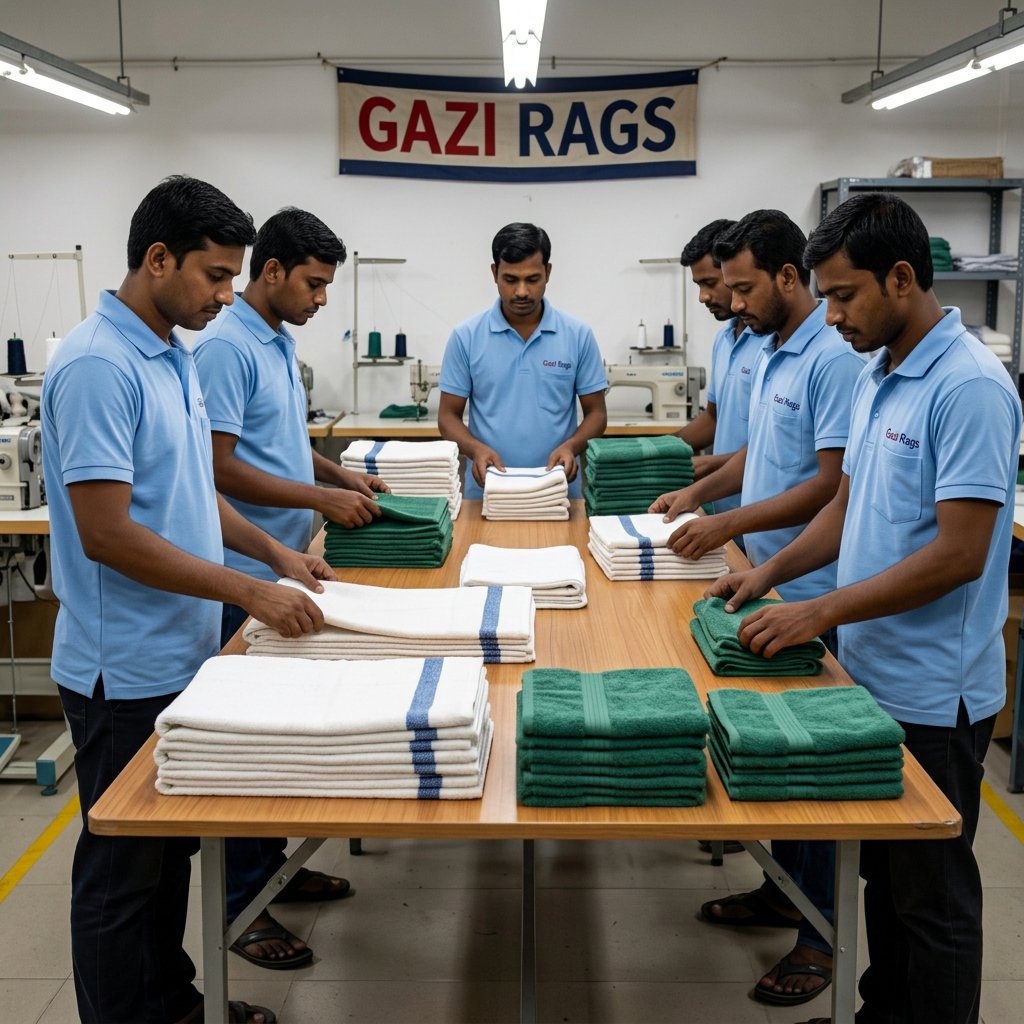 Folded huck towels at long table – Gazi Rags