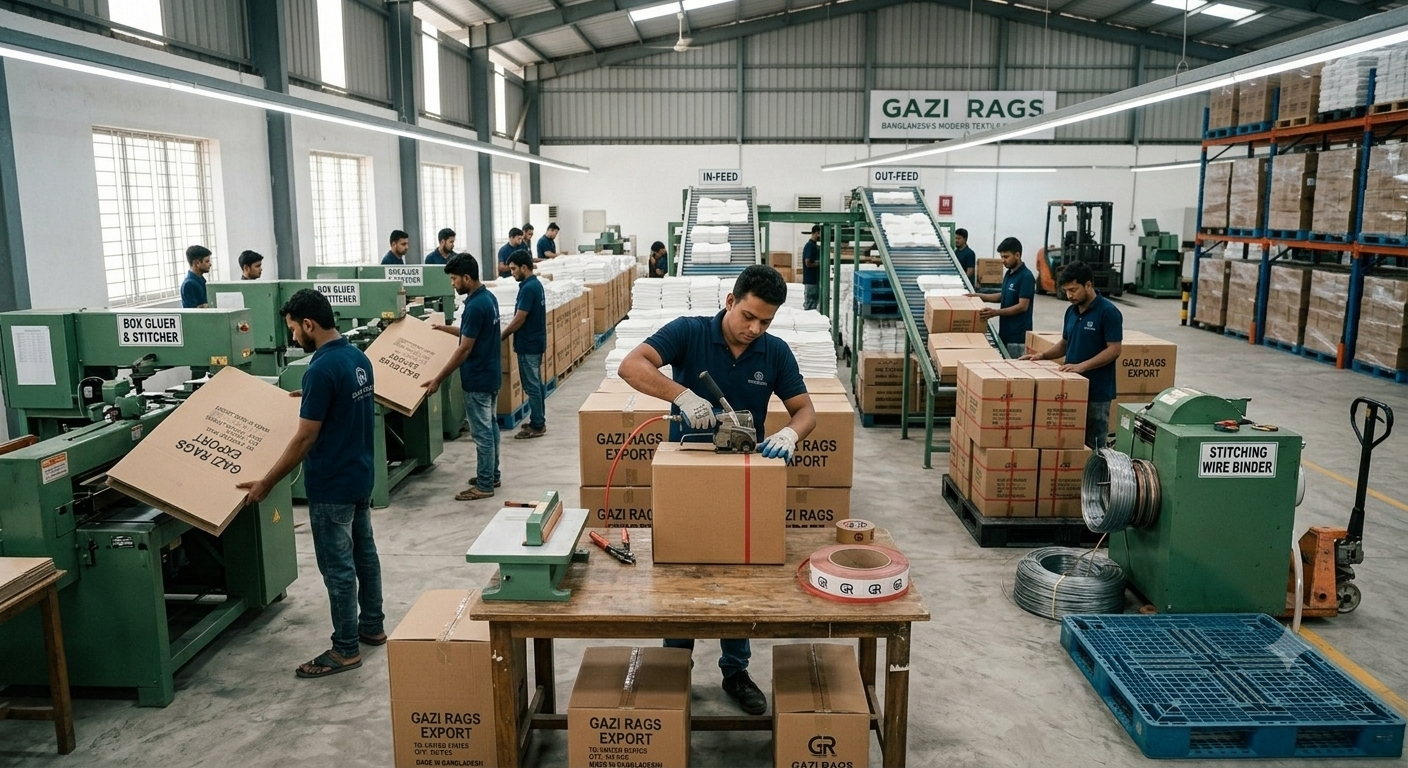 Packing huck towels export USA boxes – Gazi Rags Bangladesh