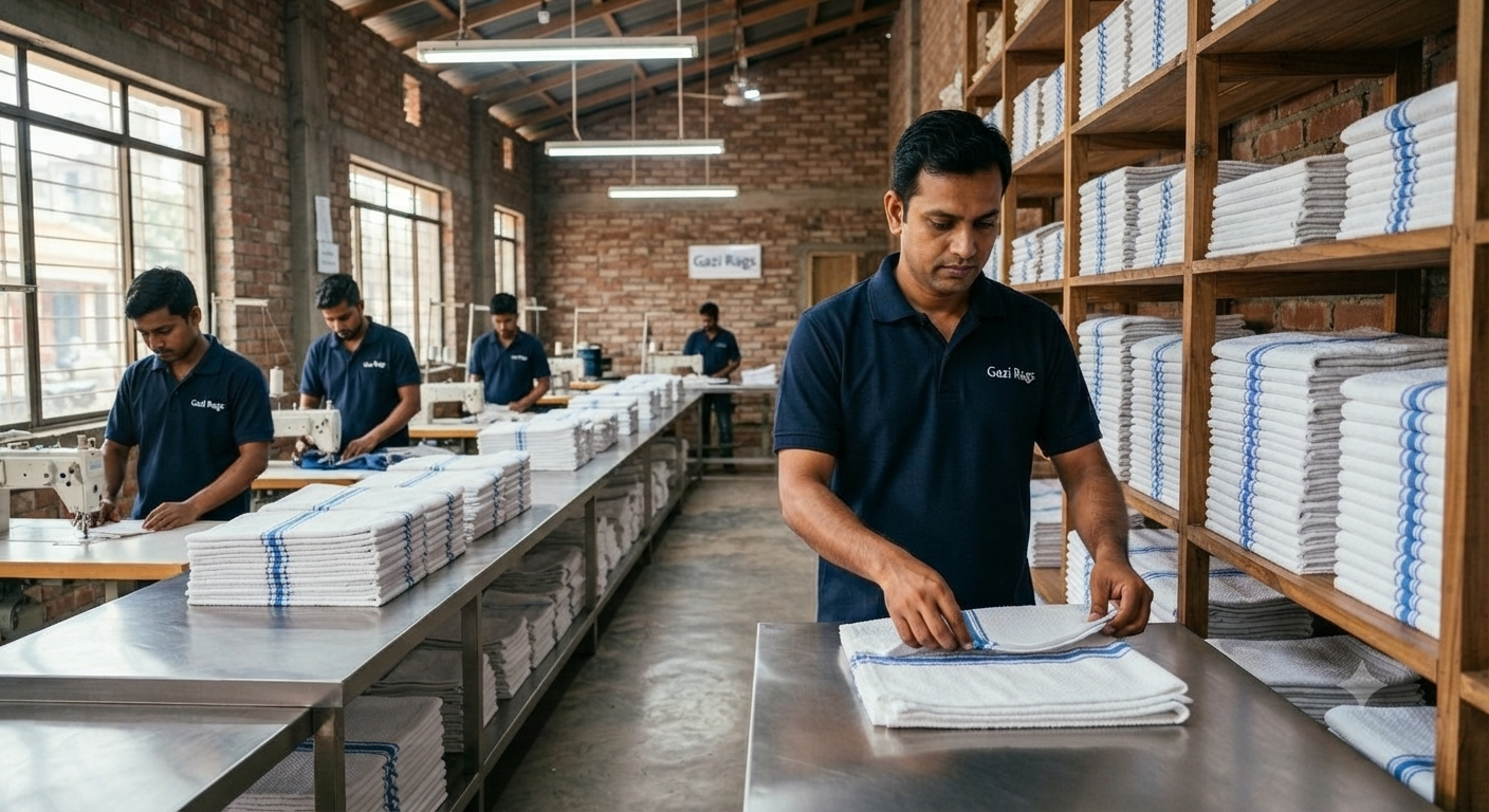 Worker stacking huck towels on shelf – Gazi Rags Bangladesh