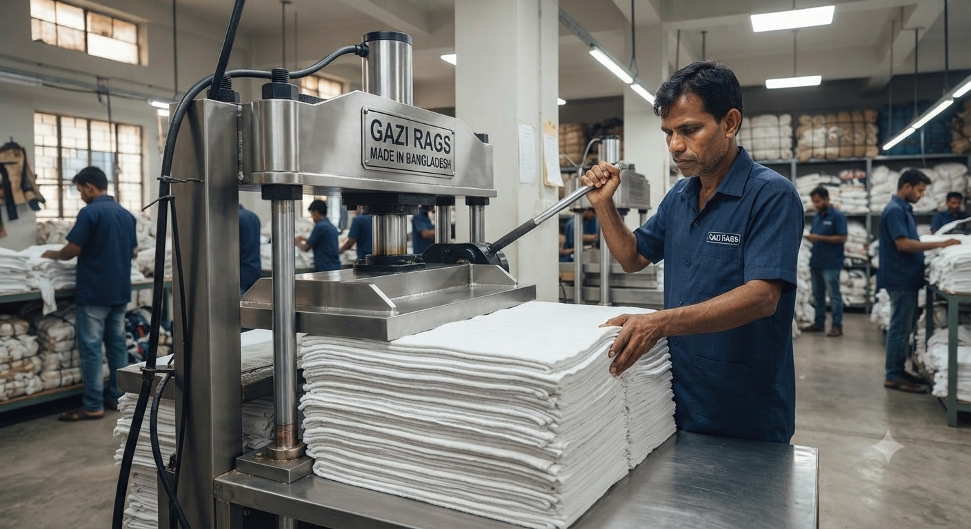 Steam press machine pressing rags – Gazi Rags Bangladesh