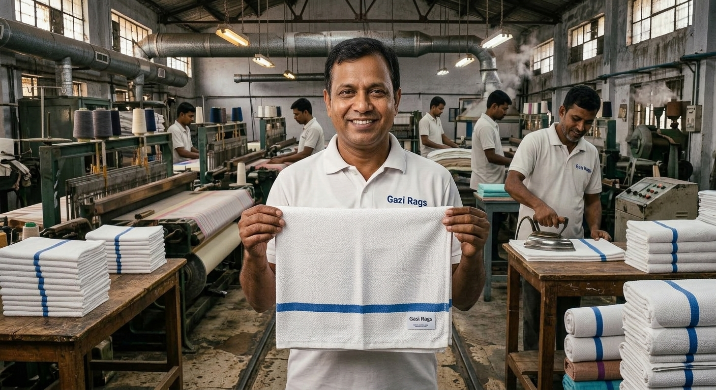 Huck towels folded beside power loom – Gazi Rags Bangladesh