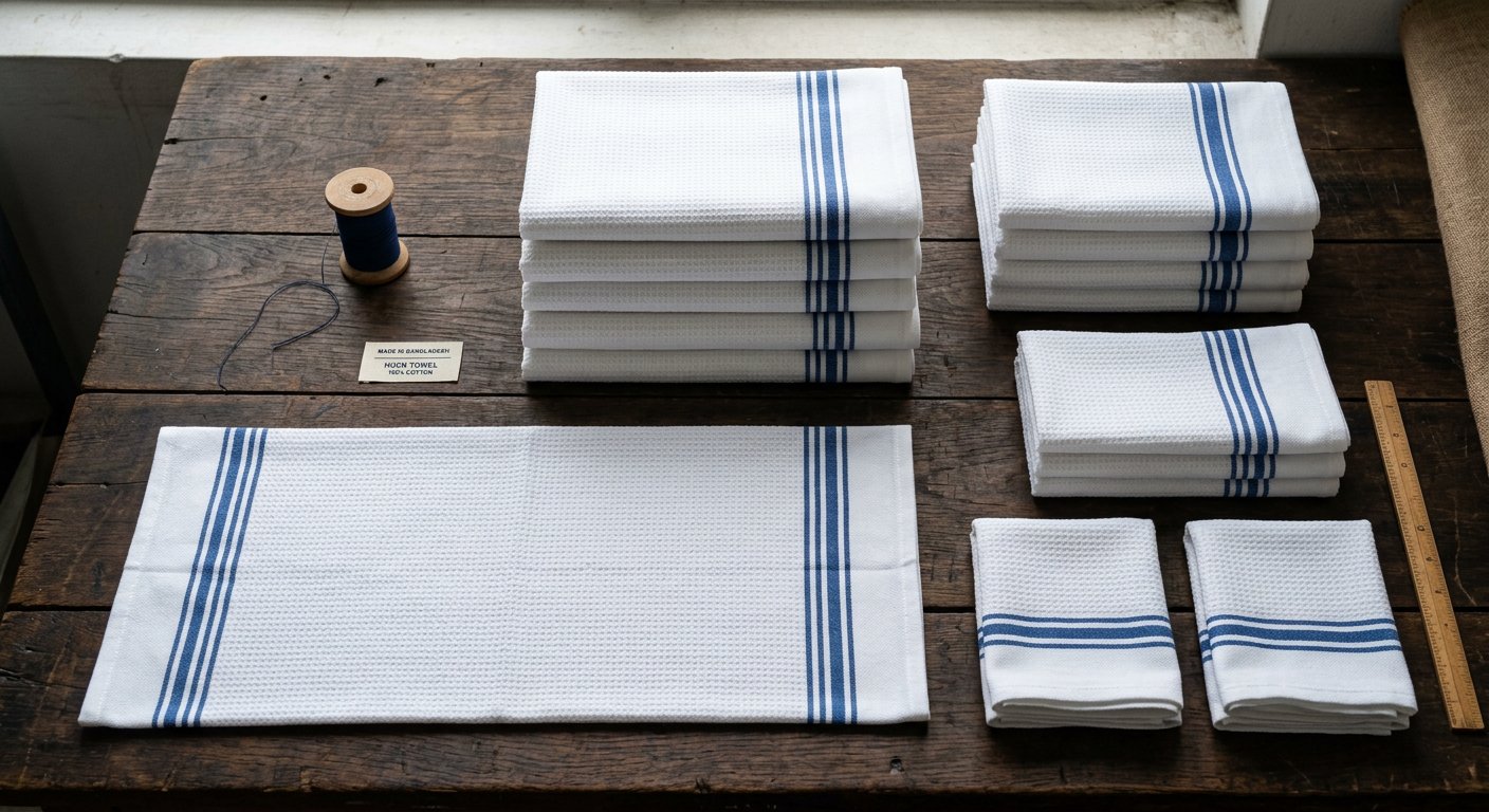 Huck towel flat lay with thread spool – Gazi Rags Bangladesh