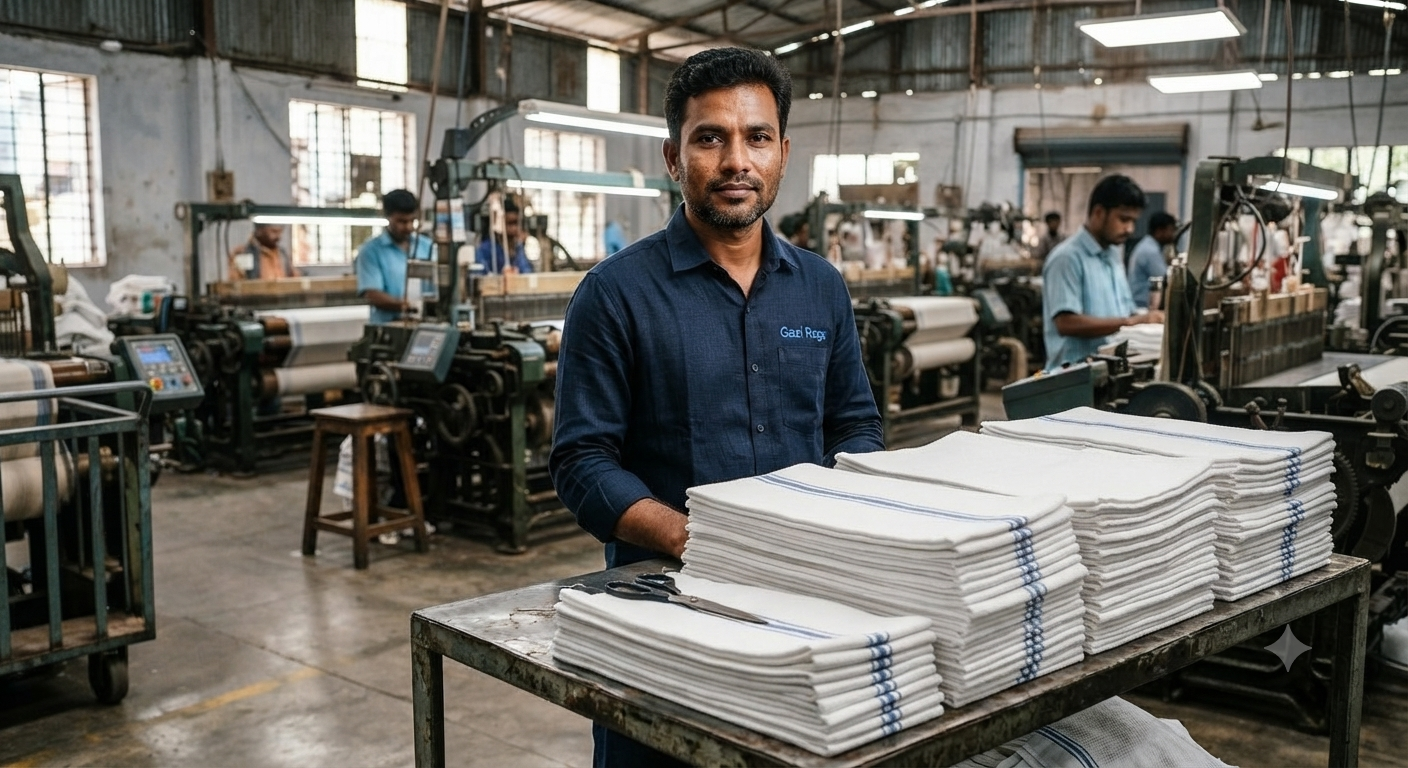 Golden hour huck towel folding worker – Gazi Rags Bangladesh