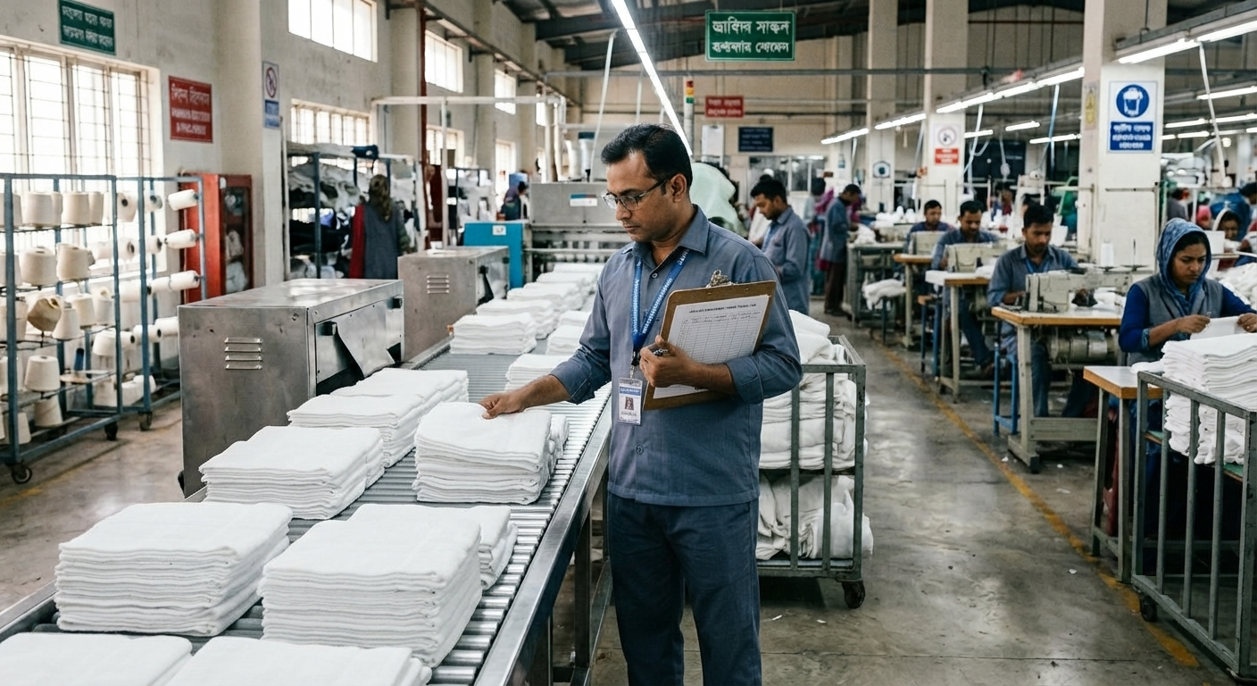 QC Supervisor checking huck towels – Gazi Rags